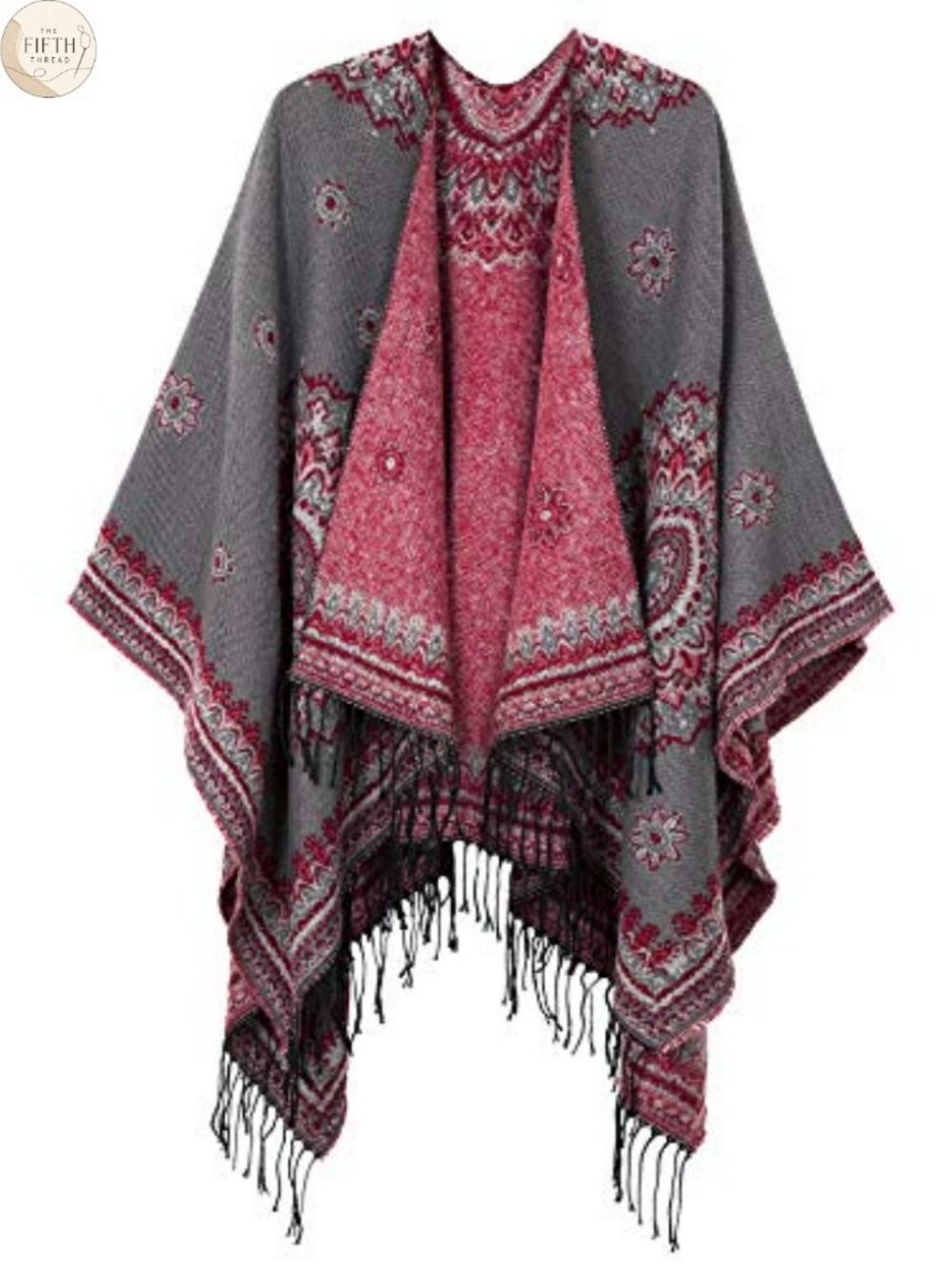 Retro Vintage Pattern Tassel Poncho Shawl Cape Wrap for Women
